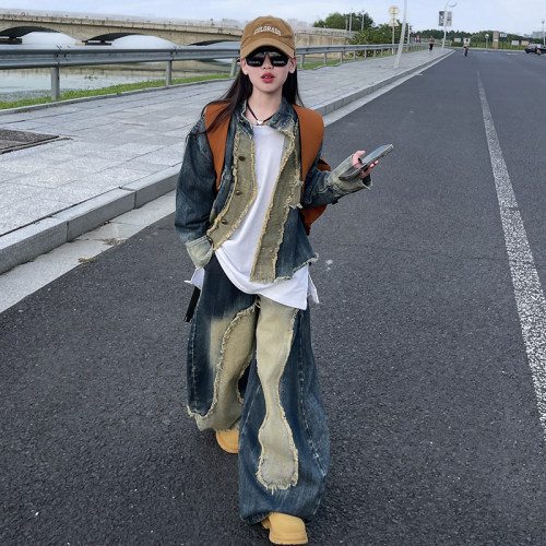 女童重工拼接牛仔套装
