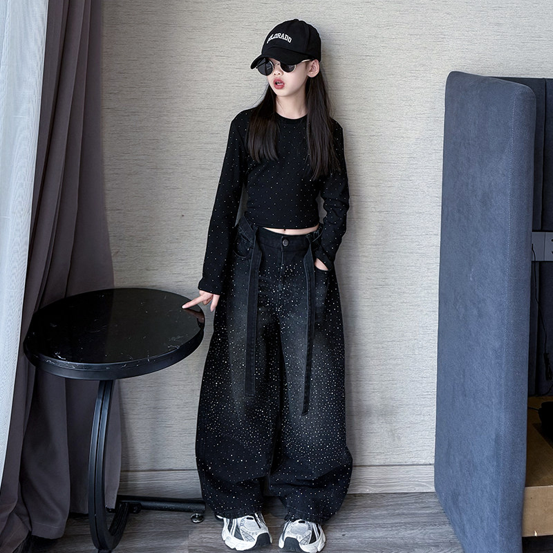 美式复古满天星烫钻牛仔裤打底衫两件套酷飒女童春秋冬时髦套装潮