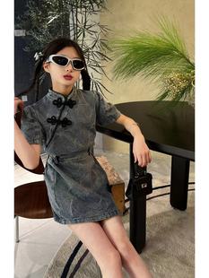 女童夏季中国风盘扣旗袍裙套装2025新款韩版半身短裙牛仔两件套