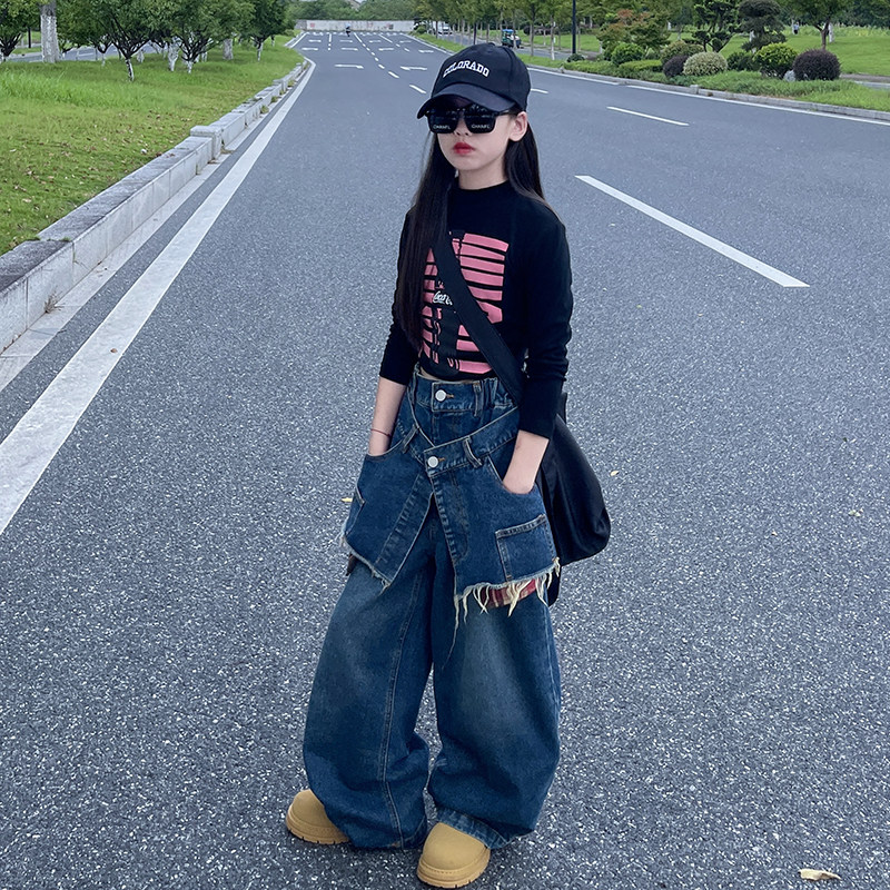 女童春秋长袖打底衫T恤洋气儿童美式复古假两件拼接牛仔裤炸街潮,童装/婴儿装/亲子装,套装,淘宝优惠券,粉丝福利购,淘宝优惠卷