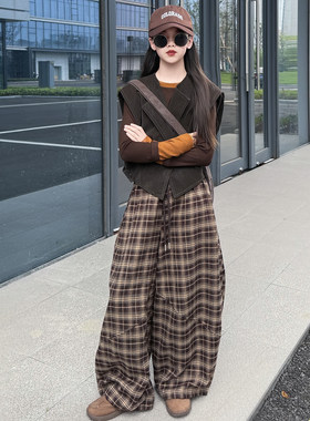 女童秋冬复古格子阔腿裤三件套