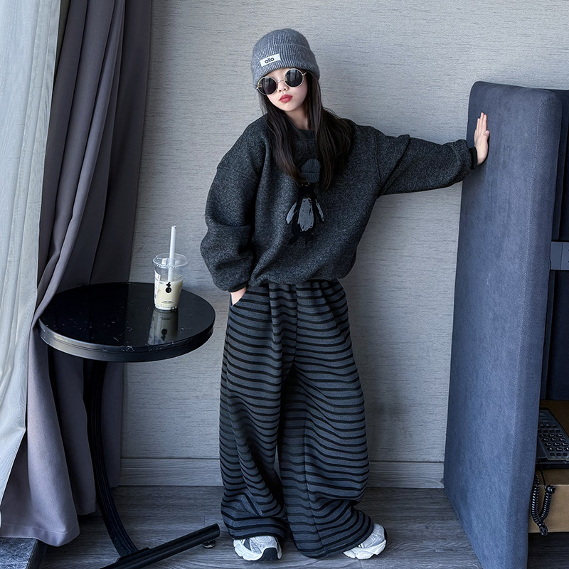 女童加绒条纹裤套装秋冬装2025新款女大童卫衣儿童冬季加厚阔腿裤,童装/婴儿装/亲子装,套装,淘宝优惠券,粉丝福利购,淘宝优惠卷