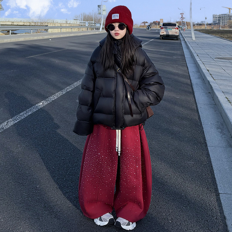 女童红色烫钻加绒弯刀裤子秋冬季2026新款中大儿童阔腿宽松长裤潮,童装/婴儿装/亲子装,裤子,淘宝优惠券,粉丝福利购,淘宝优惠卷