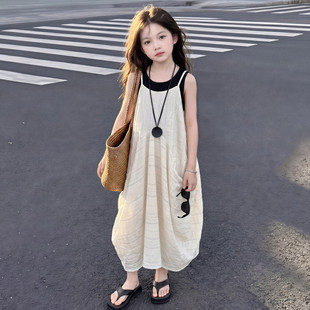 女童新款2026夏季棉麻吊带连衣裙无袖中裙薄款公主风松弛感裙子