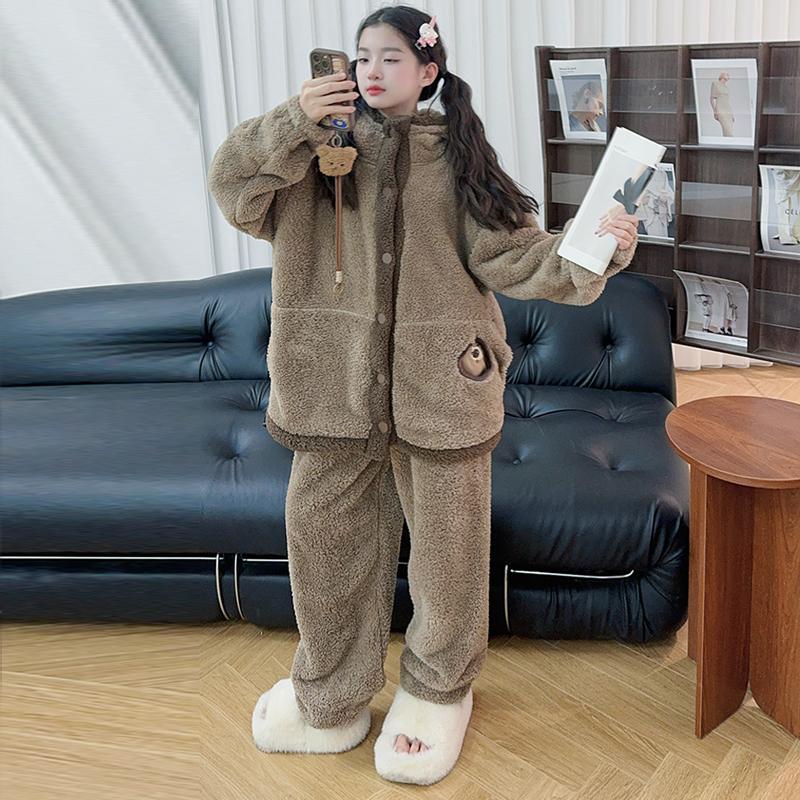 冬天家居服套装可爱小熊加绒睡衣