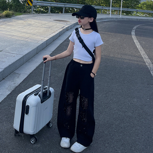 女童破洞裤子夏季2026新款时尚街舞爵士舞中大童潮流炸街休闲裤子