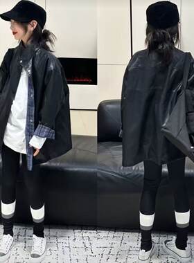 女童春秋双面穿格子皮衣