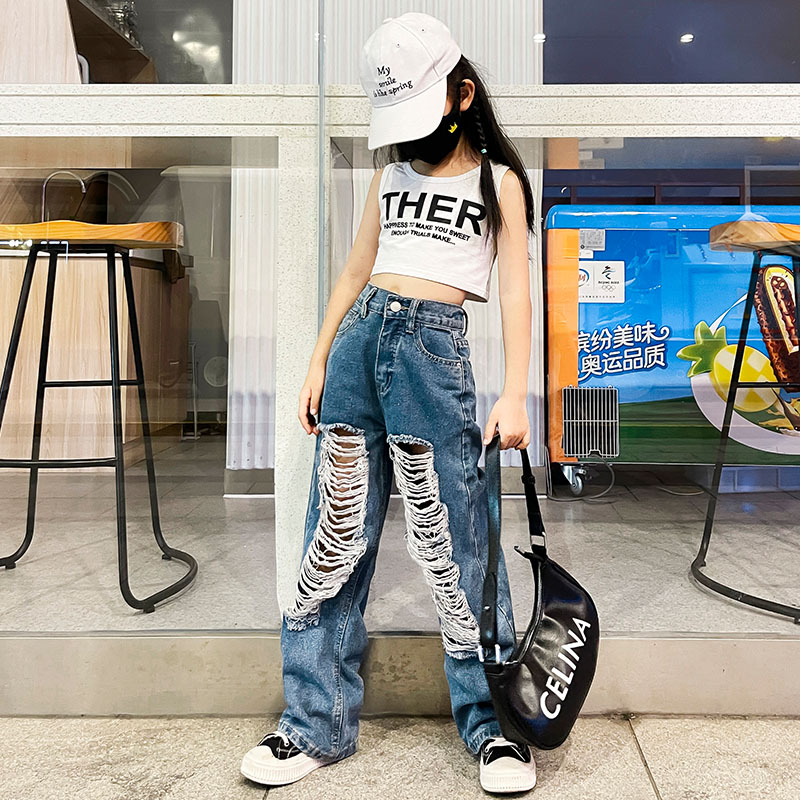 时尚辣妹破洞直筒宽松拖地牛仔裤女大童复古小众设计感乞丐裤夏装