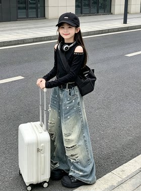 2026秋季新款女童复古做旧破洞阔腿牛仔裤宽松高腰显瘦长裤街头风