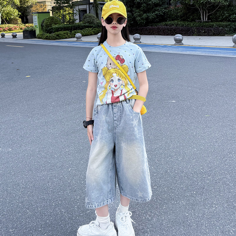 女童夏季新款卡通美少女波点短袖洋气百搭休闲牛仔七分裤两件套潮