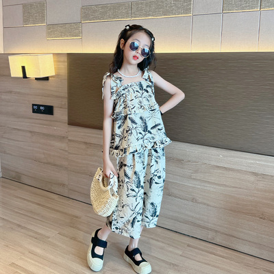 女童2023夏季水墨画吊带套装