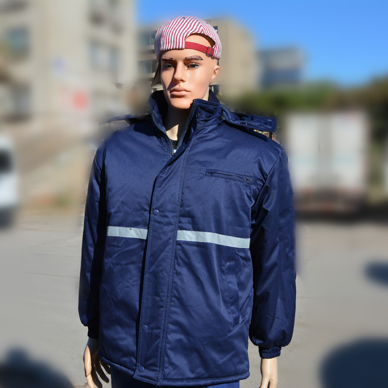 男女冬季带帽工作棉服加厚棉大衣深蓝不起球不褪色反光条活里活面