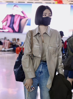 凡人歌陈昊宇秦岚同款卡其色百搭衬衫中长款宽松pu皮衣夹克外套女