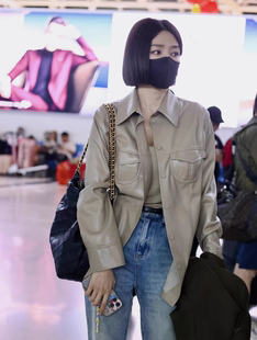 凡人歌陈昊宇秦岚同款卡其色百搭衬衫中长款宽松pu皮衣夹克外套女