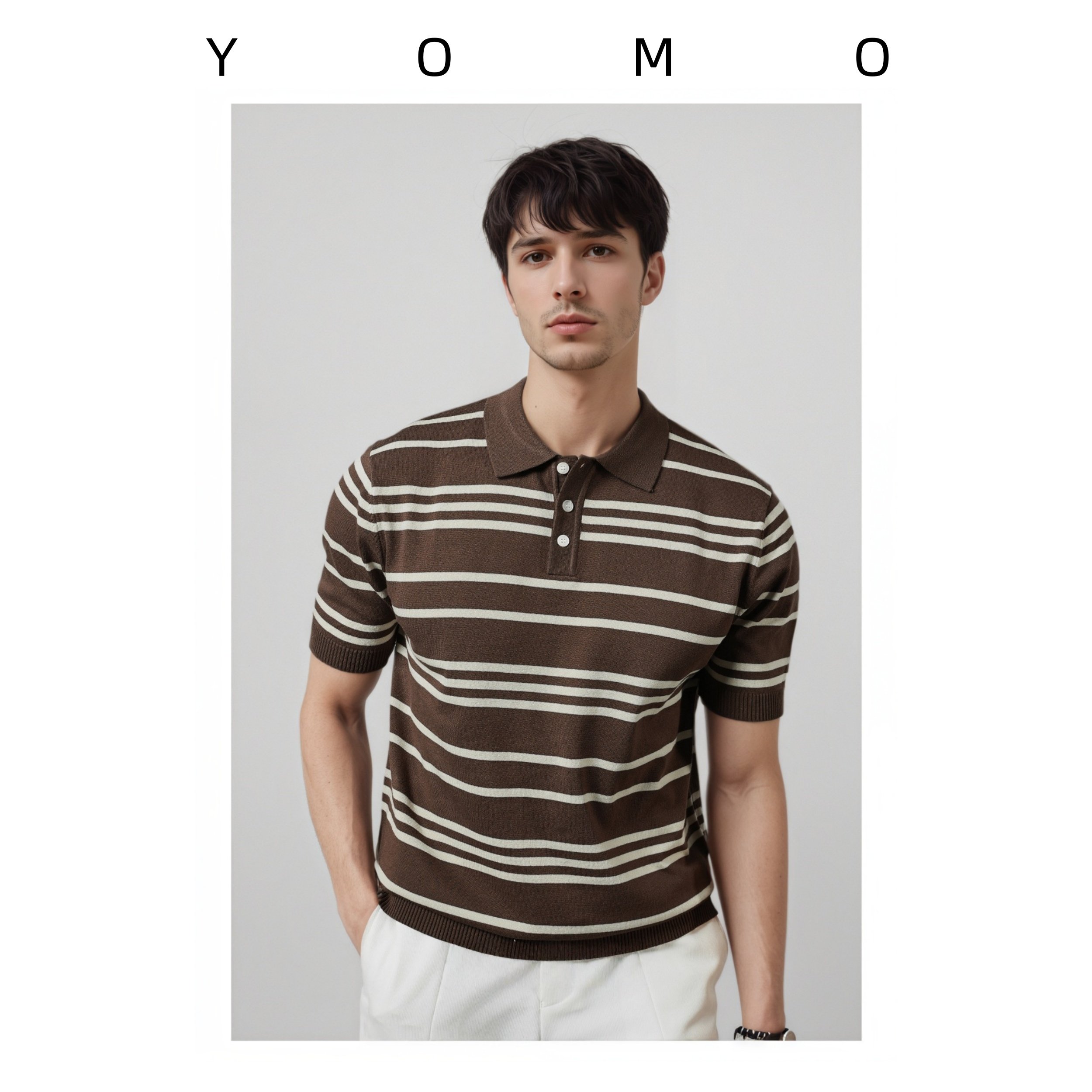 高级感轻奢夏季短袖针织衫男士帅气修身条纹休闲翻领潮流POLO衫男
