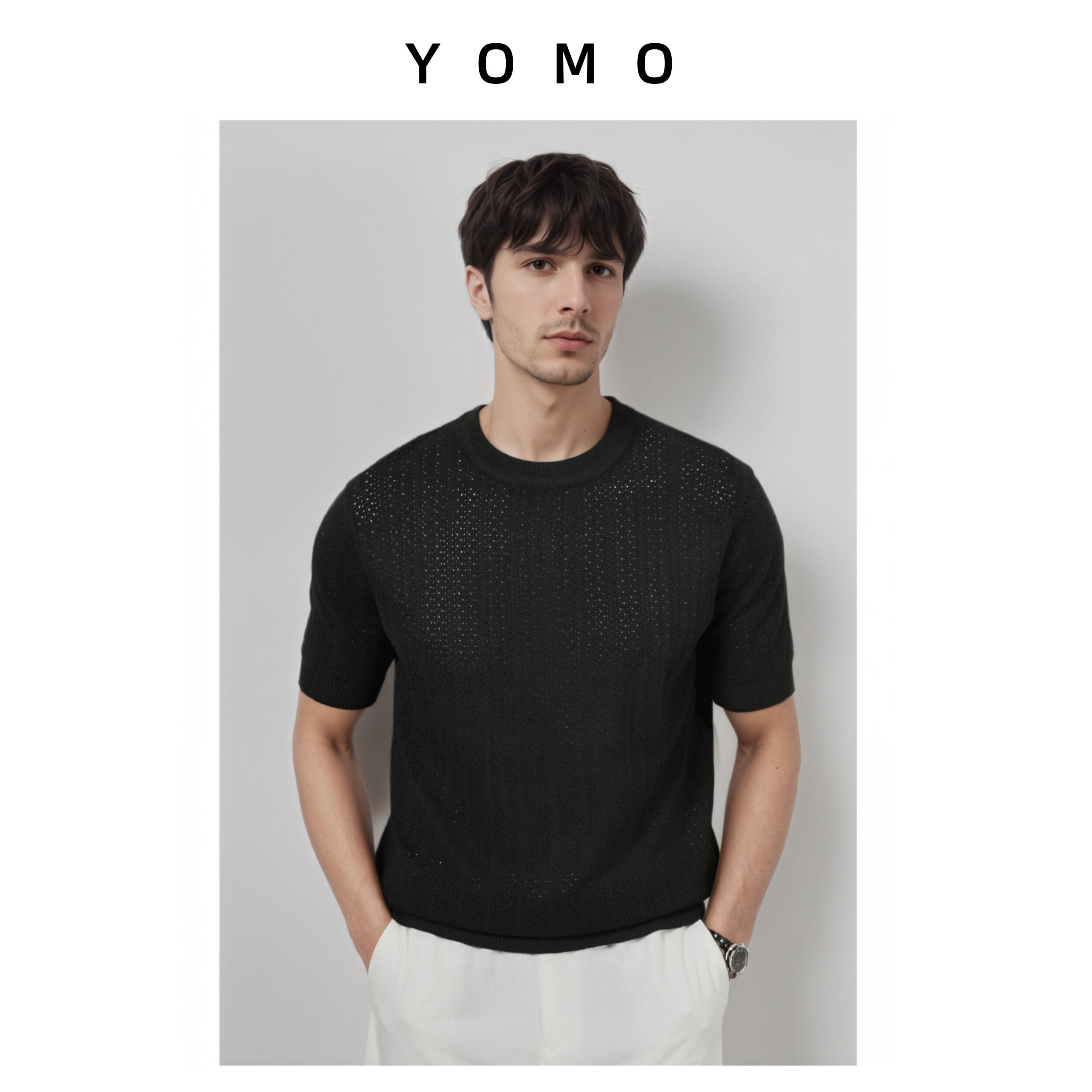 YOMO夏季镂空透气针织短袖