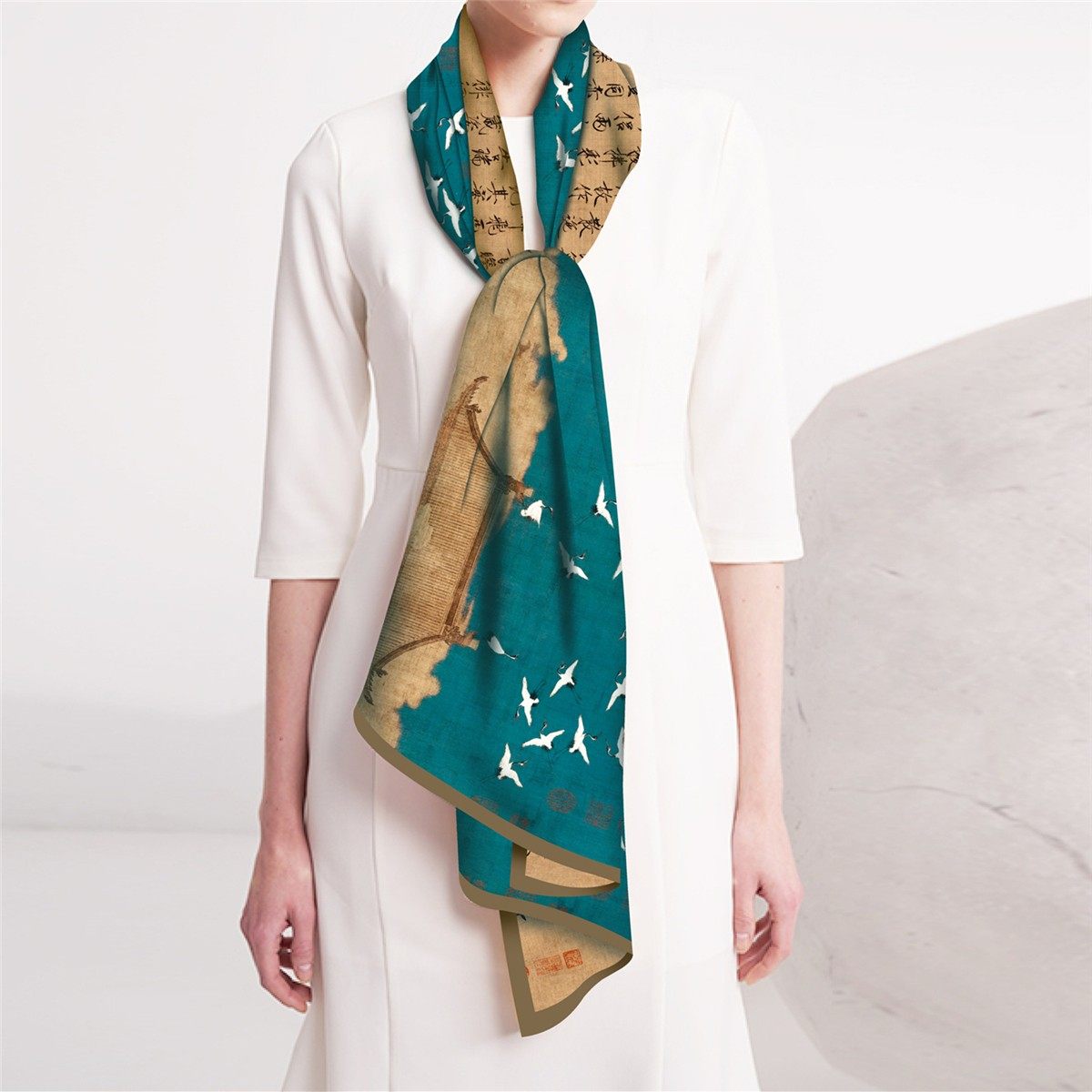 瑞鹤图中国风国潮春秋百搭双面长款丝巾女士夏季薄款披肩围巾两用