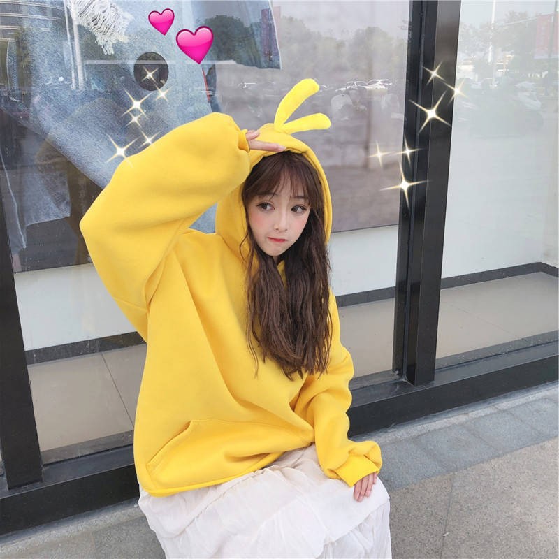 小黄鸭秋冬卫衣女装韩版宽松连帽加绒加厚套头pp home超