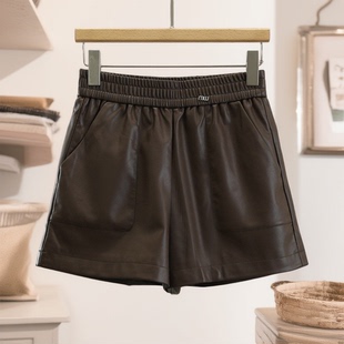 专柜价439【曼】松紧腰宽松阔腿显瘦皮裤休闲裤专柜正品25冬短裤