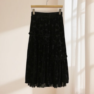 高腰木耳边碎花垂感过膝半身裙007品牌折扣店25冬A字型裙子