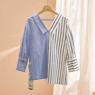 品牌撤柜25秋 100棉不规则设计感撞色条纹V领衬衫 专柜价866 唯