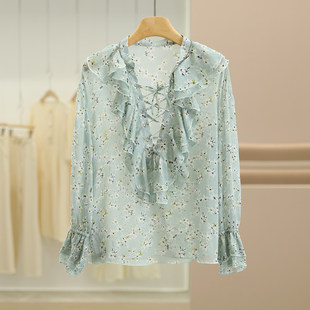 木耳边绑带V领衬衫 小清新碎花钉钻 007品牌折扣店25夏上衣 珂