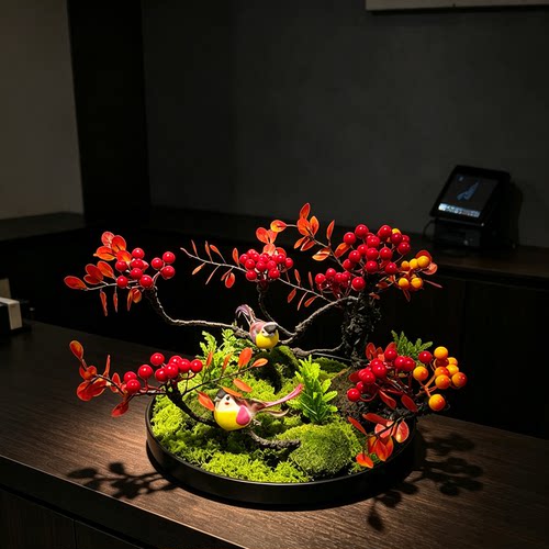餐桌转盘摆件红果装饰花喜庆摆件