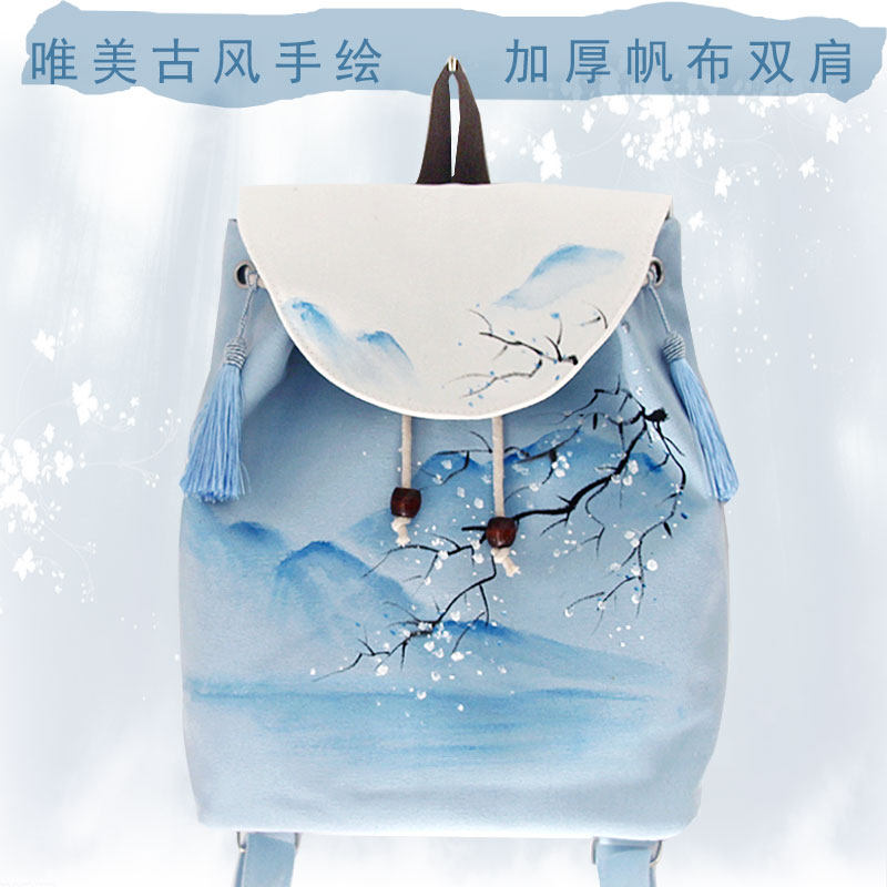 纯手绘厚帆布国风手工背包古风小清新唯美文艺青年学院风汉服书包