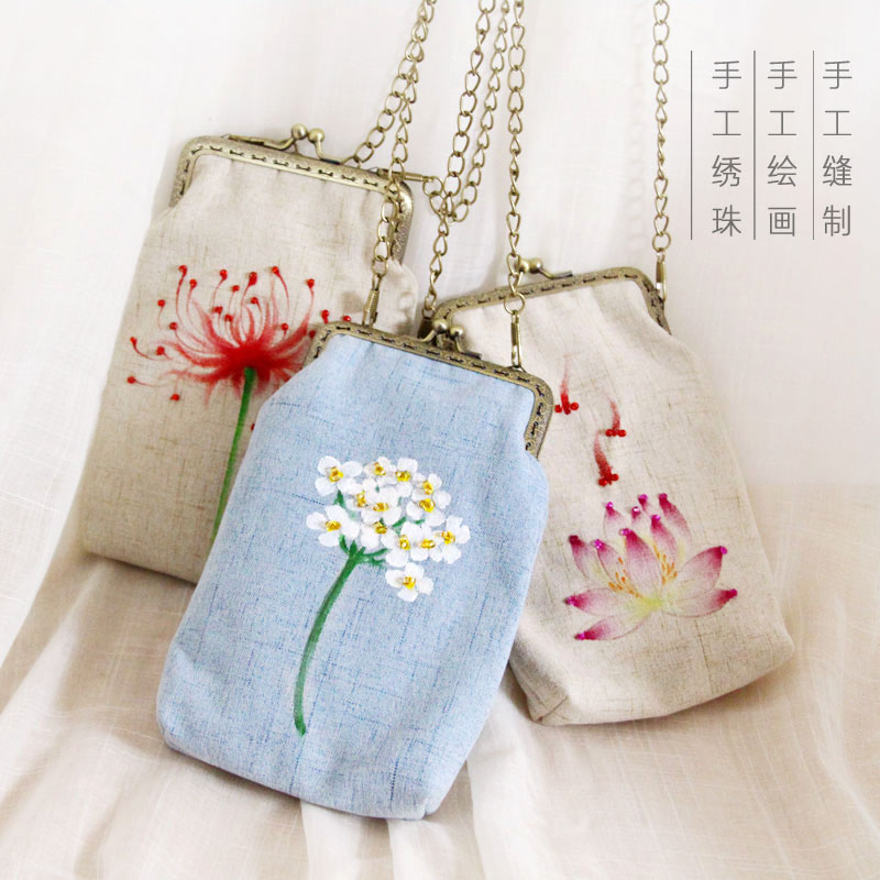 【此款清仓】小口金包女汉服包棉麻布包竖款手工手绘绣珠