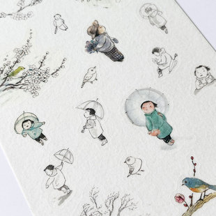 葫芦湖原创和纸贴纸四季系列杏花春雨肚子杜杜水彩治愈风