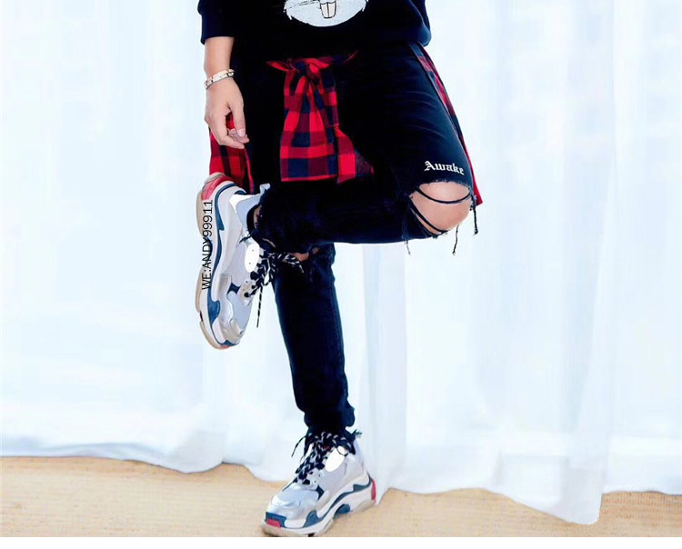 destroyer represent fog刀割破坏高街黑色牛仔裤鹿晗水洗破洞裤