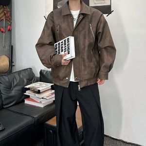 1506-1/J7331/P64春秋季高级感痞帅翻领夹克潮牌设计感机车服图片