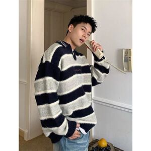 1506/MH23081/P61秋冬美式条纹撞色v领针织衫翻领毛衣男1图片