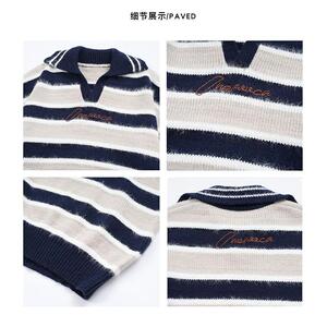 1506/MH23081/P61复古宽松高街条纹撞色v领针织衫翻领毛衣男1图片