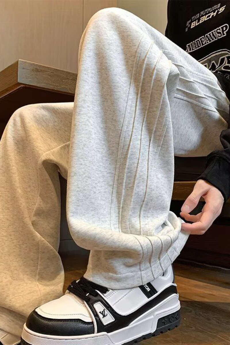 黑色休闲卫裤男生秋冬校园风垂坠高级感拖地裤条纹拼接加绒直筒裤,男装休闲裤,星座1506-1