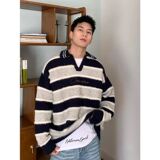 1506/MH23081/P61秋冬美式条纹撞色v领针织衫翻领毛衣男1，男装针织衫/毛衣，星座1506-1