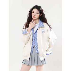 1506-1/JA2441/P80蓝白格纹假两件学院风翻领外套男图片