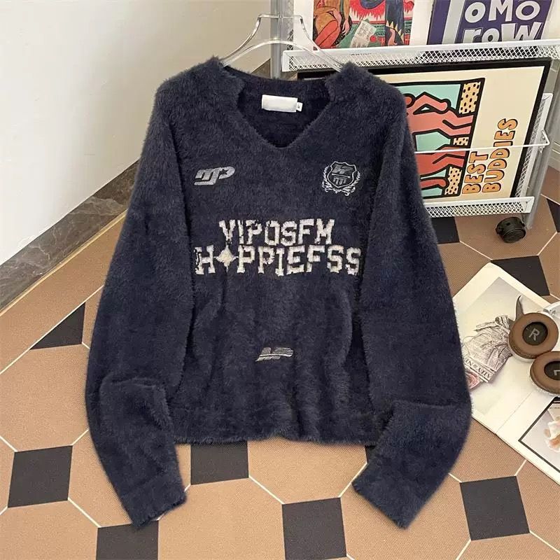 1506/MX0551/P54美式复古徽章印花V领球服运动风针织衫毛衣1,男装针织衫/毛衣,星座1506-1