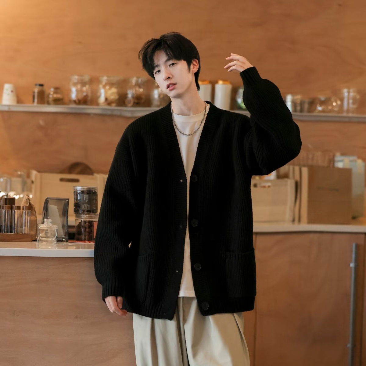 1506/QM1090/P56潮牌开衫纯色宽松V领毛衣气质潮流百搭流行原宿1，男装针织衫/毛衣，星座1506-1