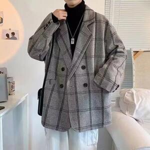 1506/J2031/P69男款慵懒风韩版潮流百搭宽松格子毛呢夹克上衣1图片