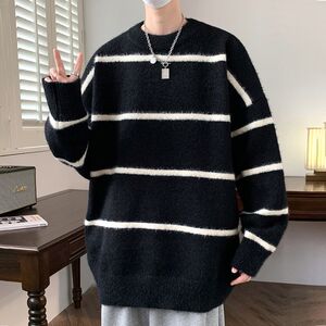 1506/MY031/P53软糯圆领毛衣男秋冬季撞色条纹针织衫2