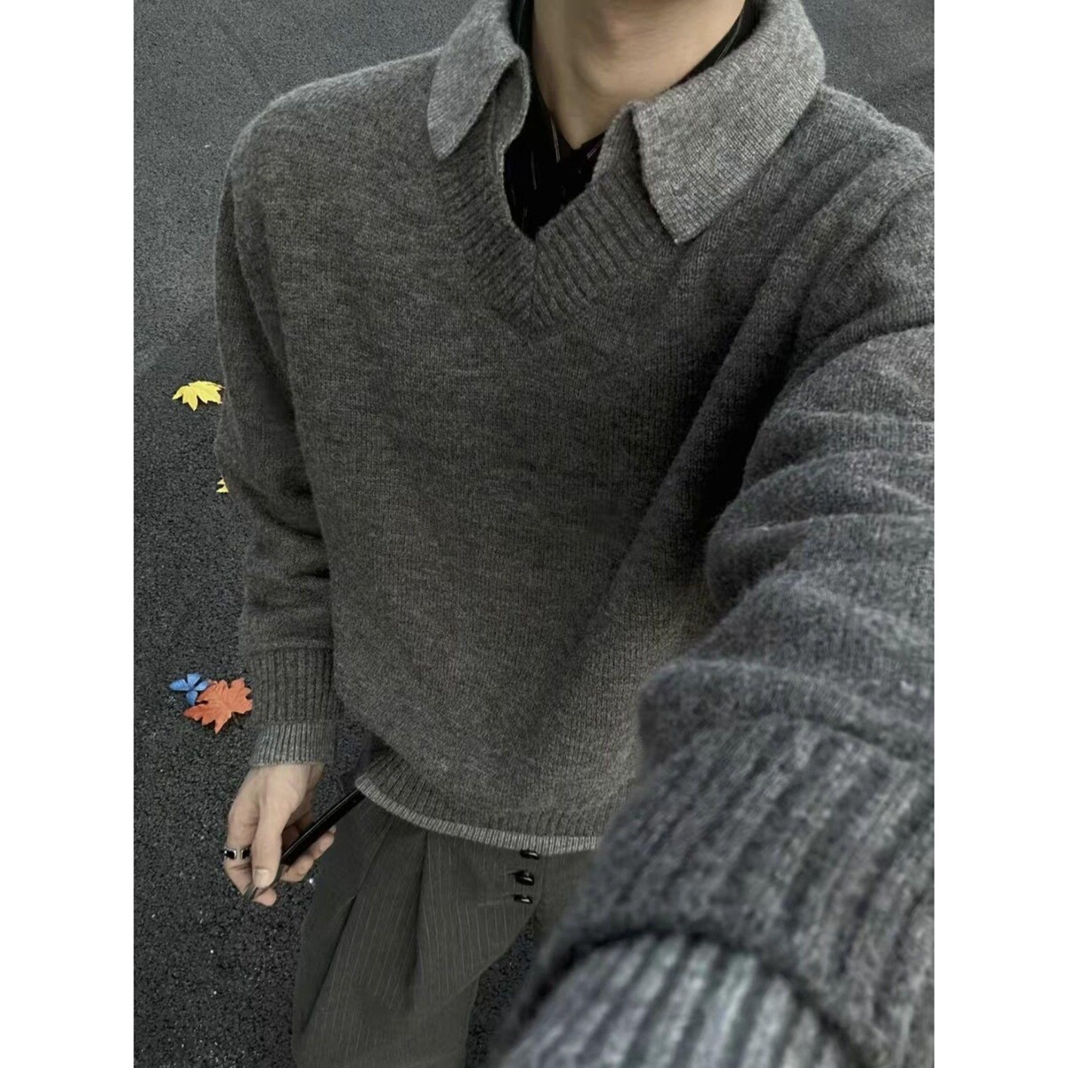 1506/MM051/P69冬季复古百搭宽松假两件V领撞色针织毛衣男1,男装针织衫/毛衣,星座1506-1