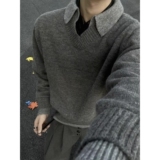 1506/MM051/P69冬季复古百搭宽松假两件V领撞色针织毛衣男2，男装针织衫/毛衣，星座1506-1