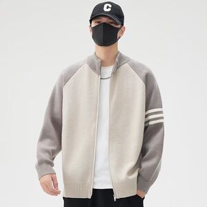 1506-1/MM331/P52潮牌立领撞色针织外套男生休闲毛线衣服冬装图片