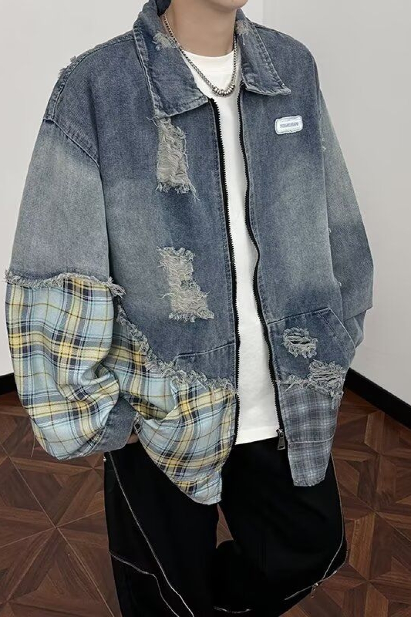 1506-1/J25821/P74复古格子拼接做旧水洗破洞毛边牛仔外套男，男装工装外套，星座1506-1