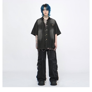 1506-1/CJHJ10241/P56日系潮牌小众复古洗水泥染做旧牛仔衬衫男图片