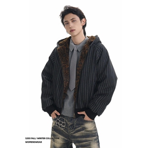 1506/MS50391/P102冬装美式条纹短款连帽棉衣男豹纹棉服外套1图片