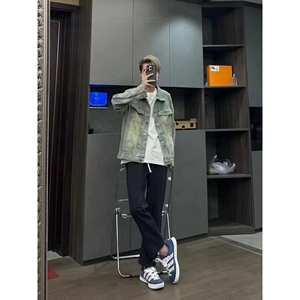 1506-1/JLJ591/P59美式高街网红黄泥做旧水洗翻领牛仔图片