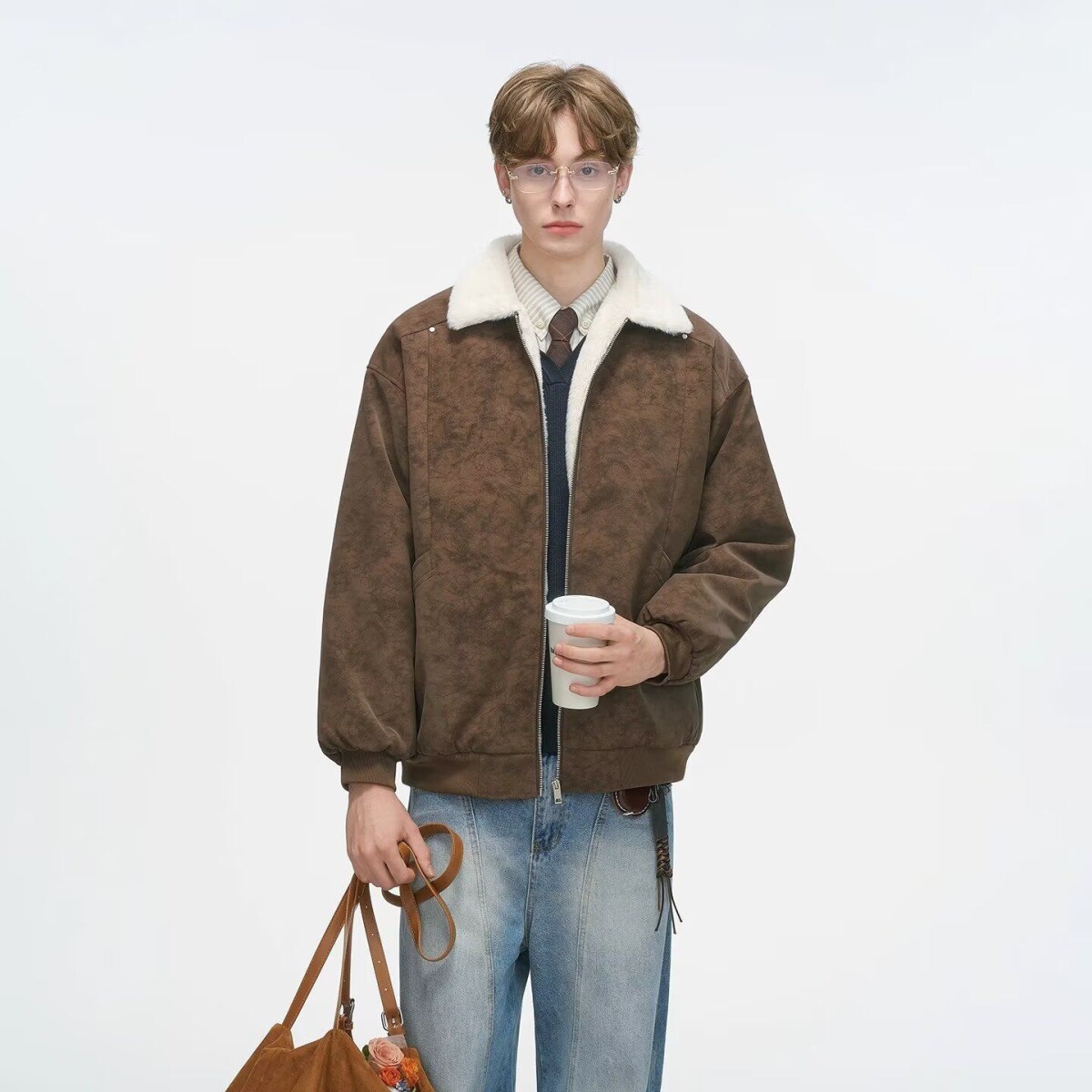 1506/M13231/P92冬季新款复古仿皮衣短夹克撞色拼接外套毛领3，男装夹克，星座1506-1