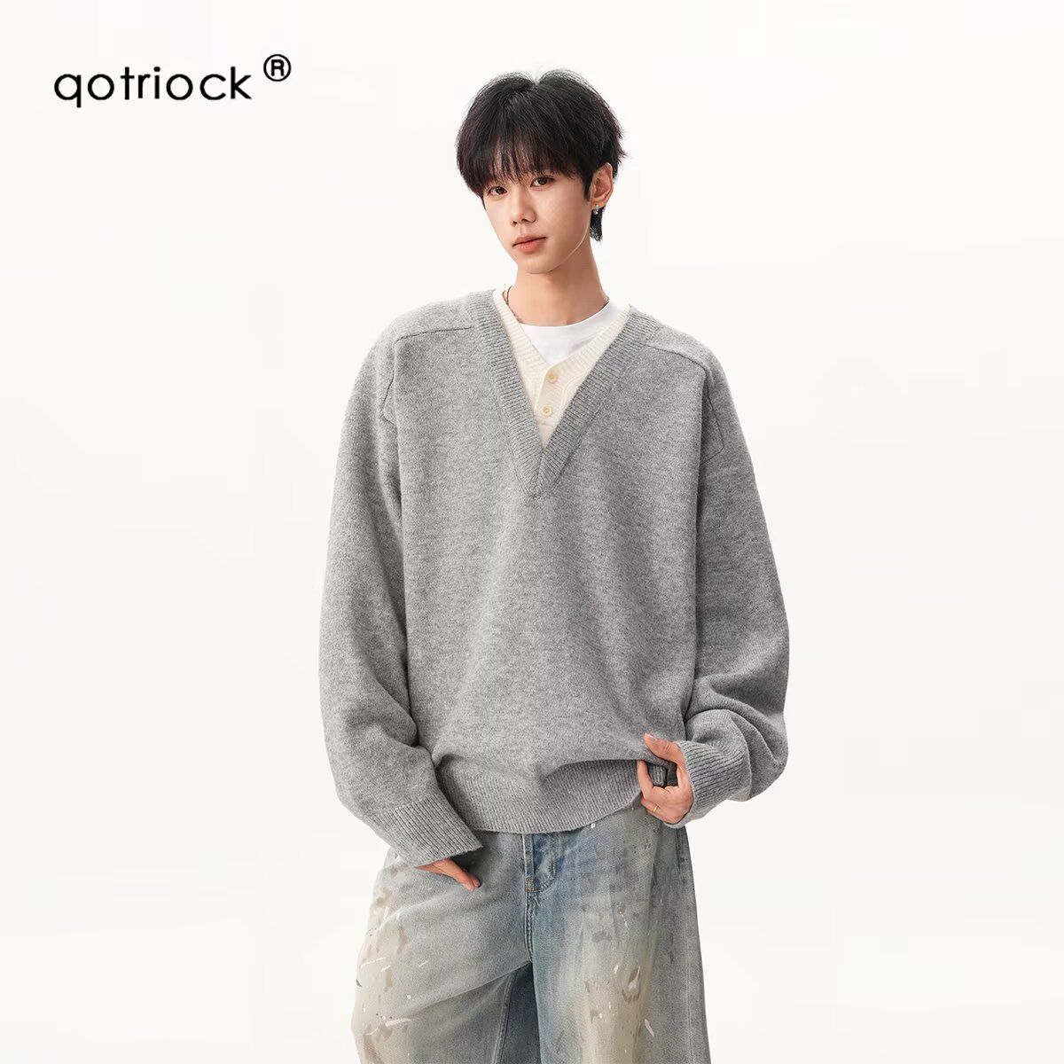 1596/MM53461P61美式复古休闲慵懒风V领针织衫男纯色外套潮1，男装针织衫/毛衣，星座1506-1